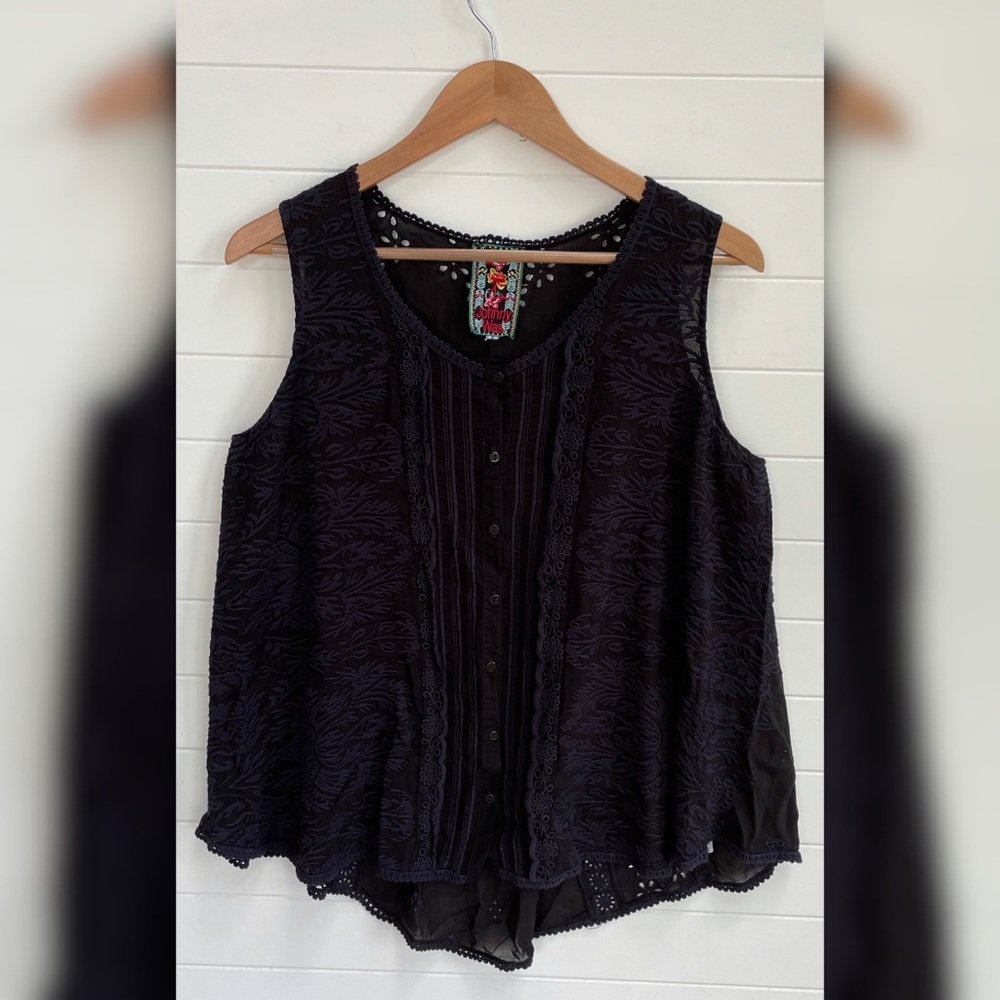 Johnny Was Navy Button Blouse Embroidered Floral Lace Rayon Light Boho Shirt